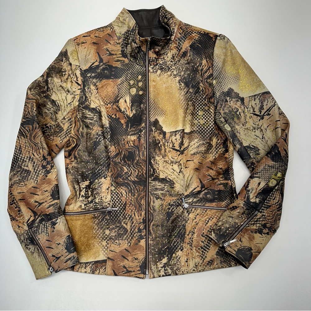 Sibylle Lyn Leather Animal Print Handpainted Gold Jacket Women’s Size 6